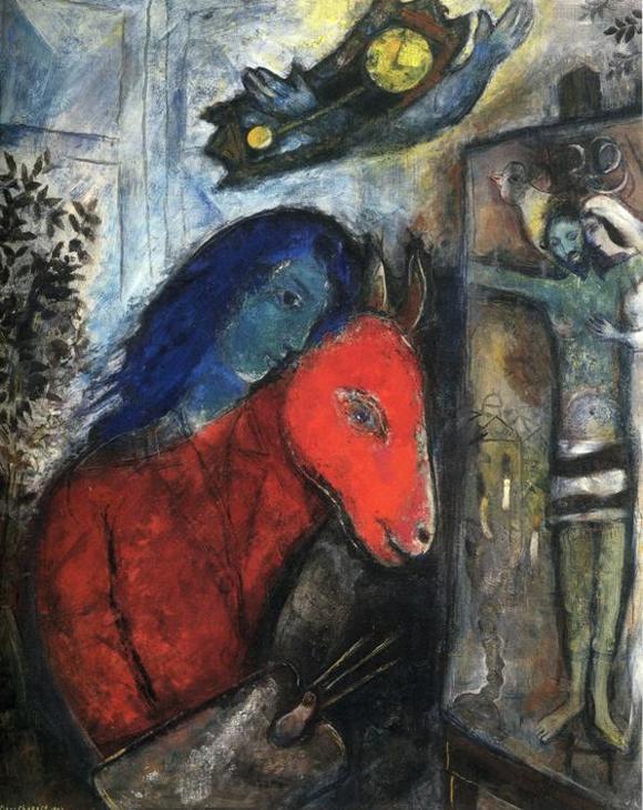 Марк Шагал :: Автопортрет с часами. Перед распятием (1947 год)